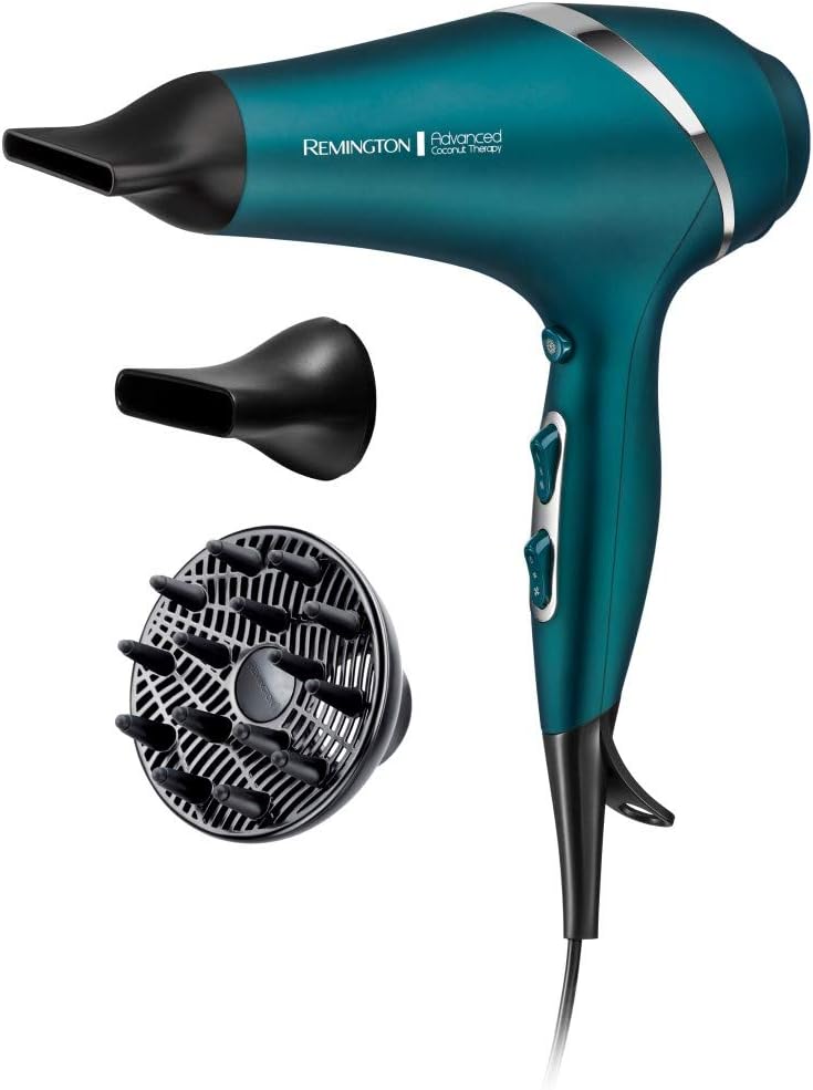 Remington Advanced Coconut Therapy Hair Dryer (Infused with Coconut and UV Filters to Nourish Hair, Smooth and Shiny Results, Powerful, Fast, Diffuser, 2 Concentrators, Diffuser, Ionic, 2300W) AC8648
