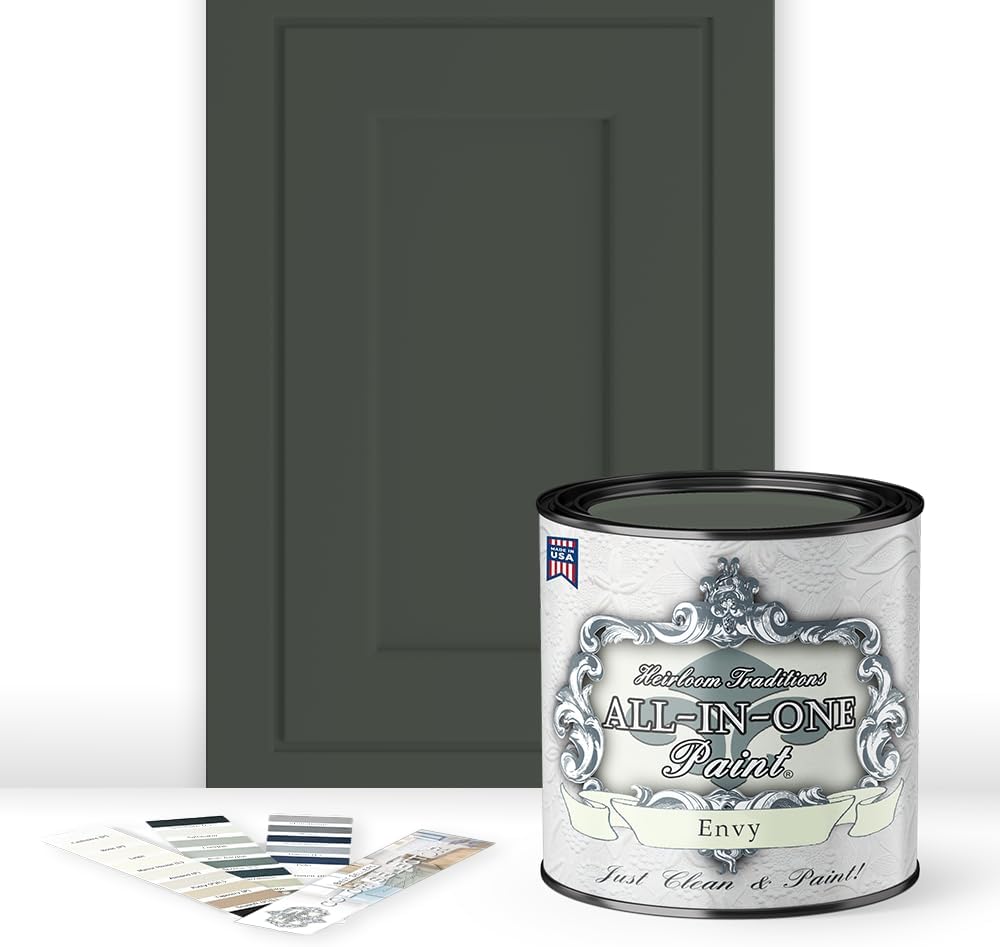 ALL-IN-ONE Paint, Durable cabinet and furniture paint. Built in primer and top coat, no sanding needed. Includes our 30 featured color card - Envy (slate green), Quart