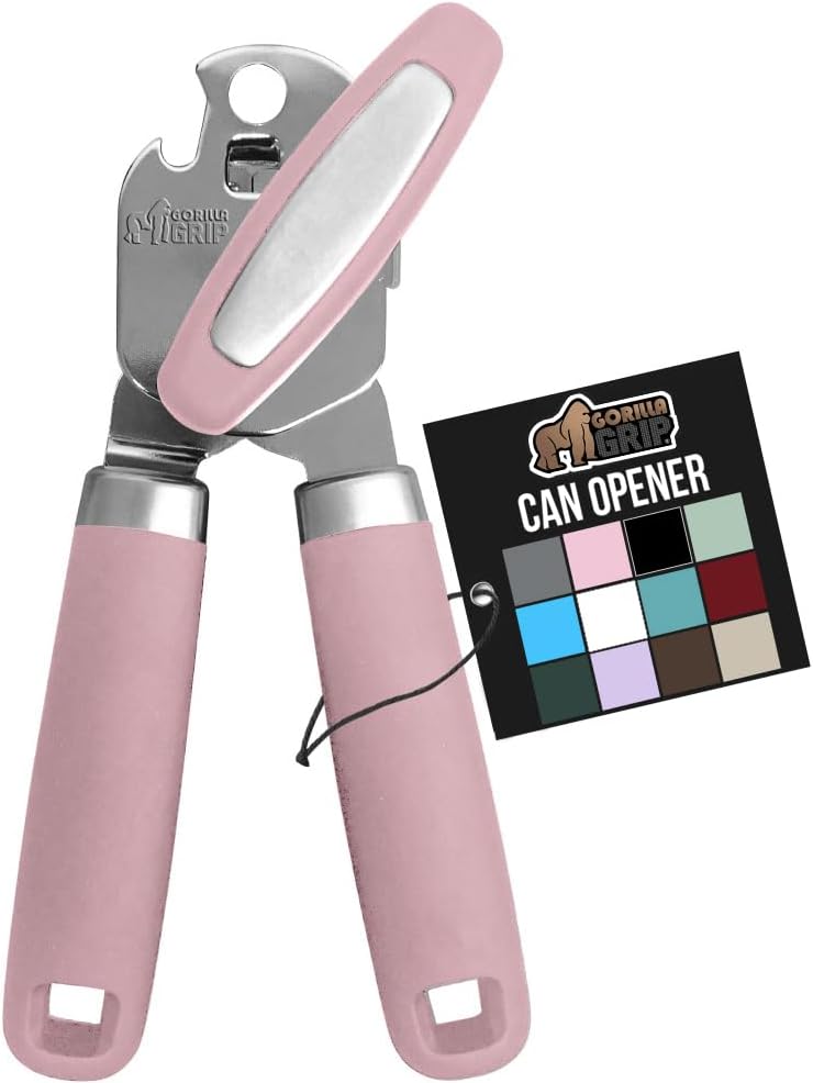 The Original GORILLA GRIP Heavy Duty Stainless Steel Smooth Edge Manual Can Opener and Bottle Openers, Soft Ergonomic Handle, Oversized Handheld Easy Turn Knob, Multifunctional Kitchen Tool, Pink