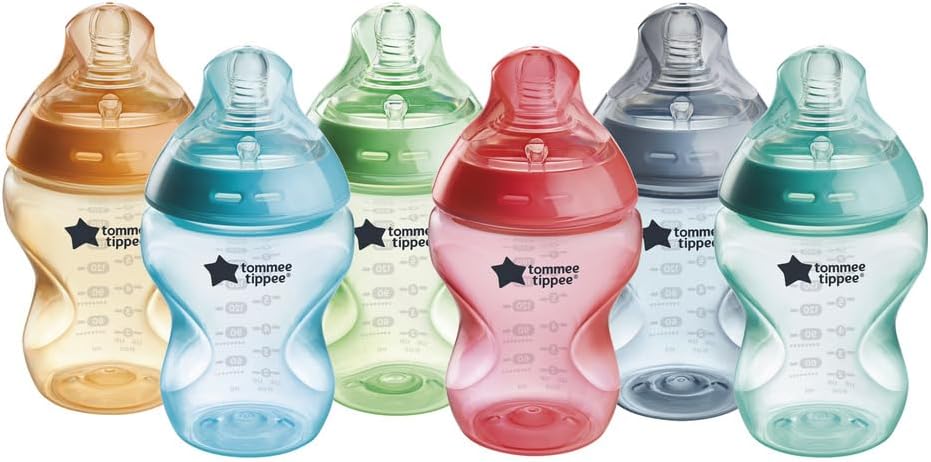 Tommee Tippee Natural Start Baby Bottles for 0m+, Pack of 6 260ml Baby Bottles, with Slow Flow Breast-Like Teat for a Natural Latch, Self-Sterilising and BPA Free, Baby Feeding Essentials, Colourful