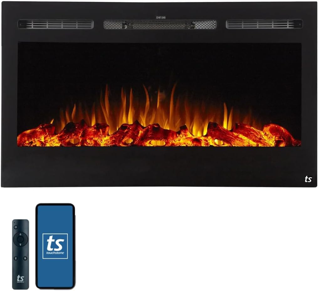 Touchstone Smart Electric Fireplace-The Sideline 36" Wide-in Wall Recessed - 30 Realistic Ember Color/Flame Options - 1,500W Heater w/Thermostat - Log & Crystal Hearth Options - Alexa/WiFi Enabled