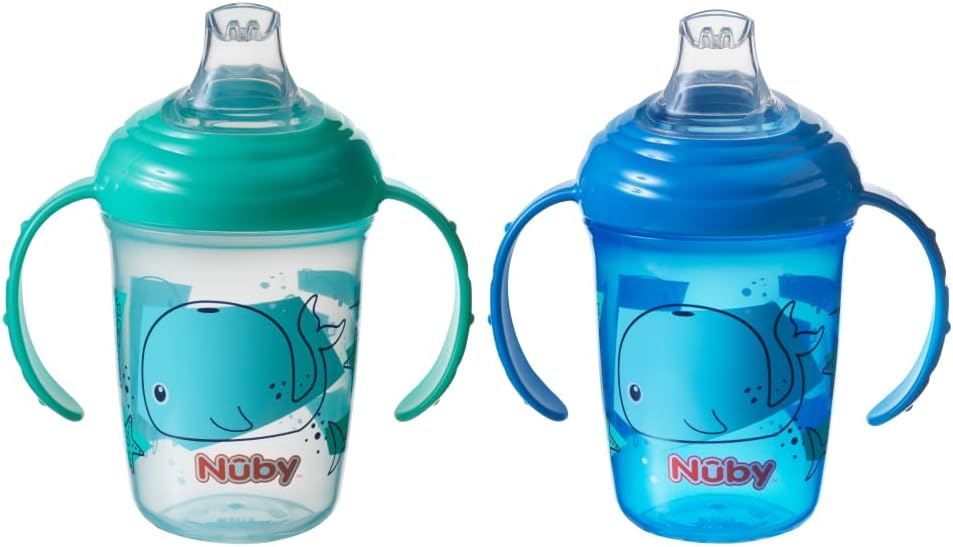 Nuby Grip N Sip Water Bottle - No Spill Sippy Cup | 240ml / 8oz | Twin Handle | Dishwasher and Microwave Safe | Suitable Beaker for 4 Months Plus, Whales, 240 ml (Pack of 2)