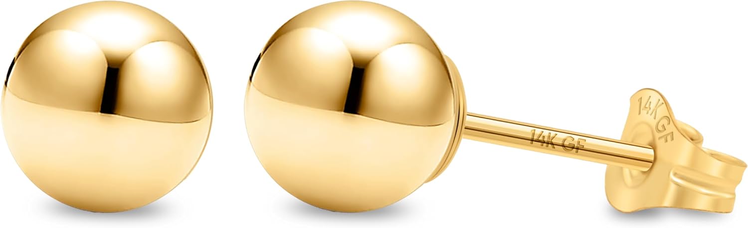 Kezef 14K Gold Stud Earrings for Women 14 k Real Gold Earrings, Solid Ball Filled Studs, Hypoallergenic Round Ear rings | Available from 3mm - 9mm