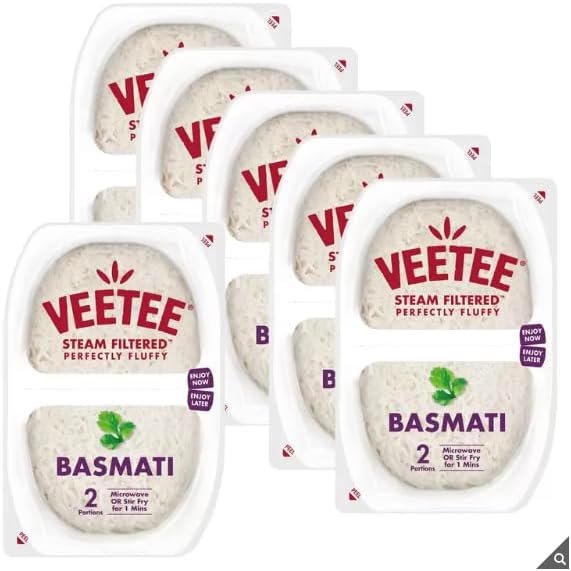 VeeTee Rice & Easy Basmati- Uniquely Steam Filtered - Microwave or Stir Fry in Just 2 Minutes - GMO Free - Low in Salt - 6 x 2 x 125g