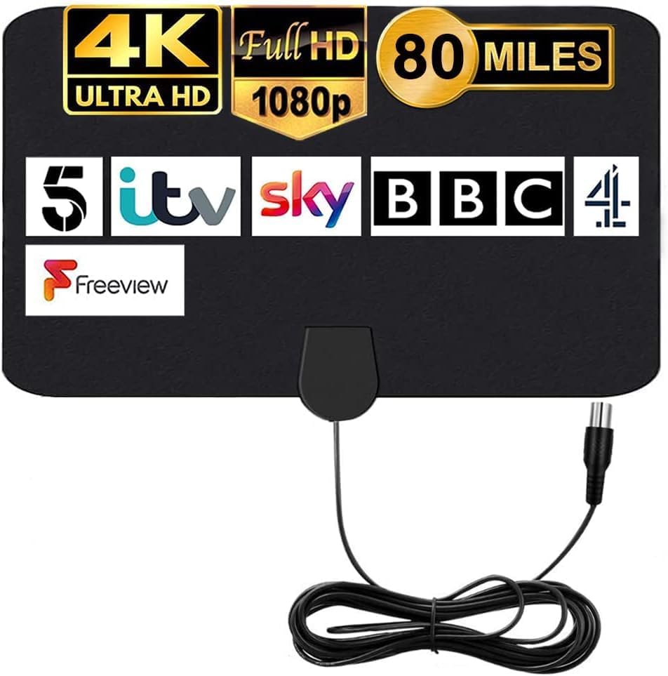 MILIWAN TV Aerial Indoor TV Aerial - 80 Miles Digital HDTV Antenna Freeview TV Antenna VHF UHF 4K 1080P for Local Channels Support ALL Television – 12.2 FT Coax Cable