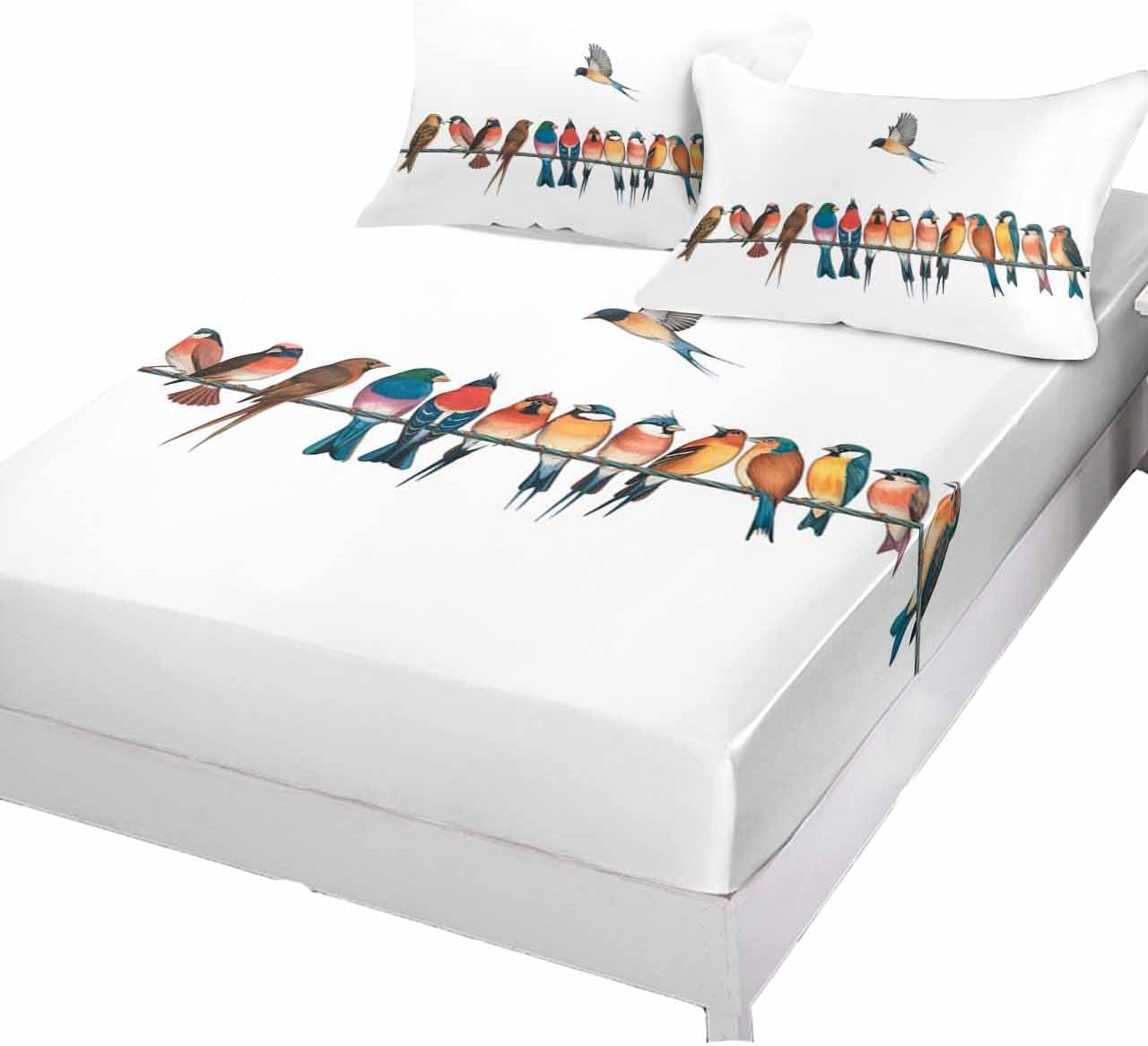 Fitted Sheets Elastic Deep Pocket Bed Sheet Cal King, Watercolor Row of Birds on White Soft Bed Sheets Set,Vintage Branch Mattress Cover Up Hotel Luxury Fitted Sheet Pillowcase for Bedroom