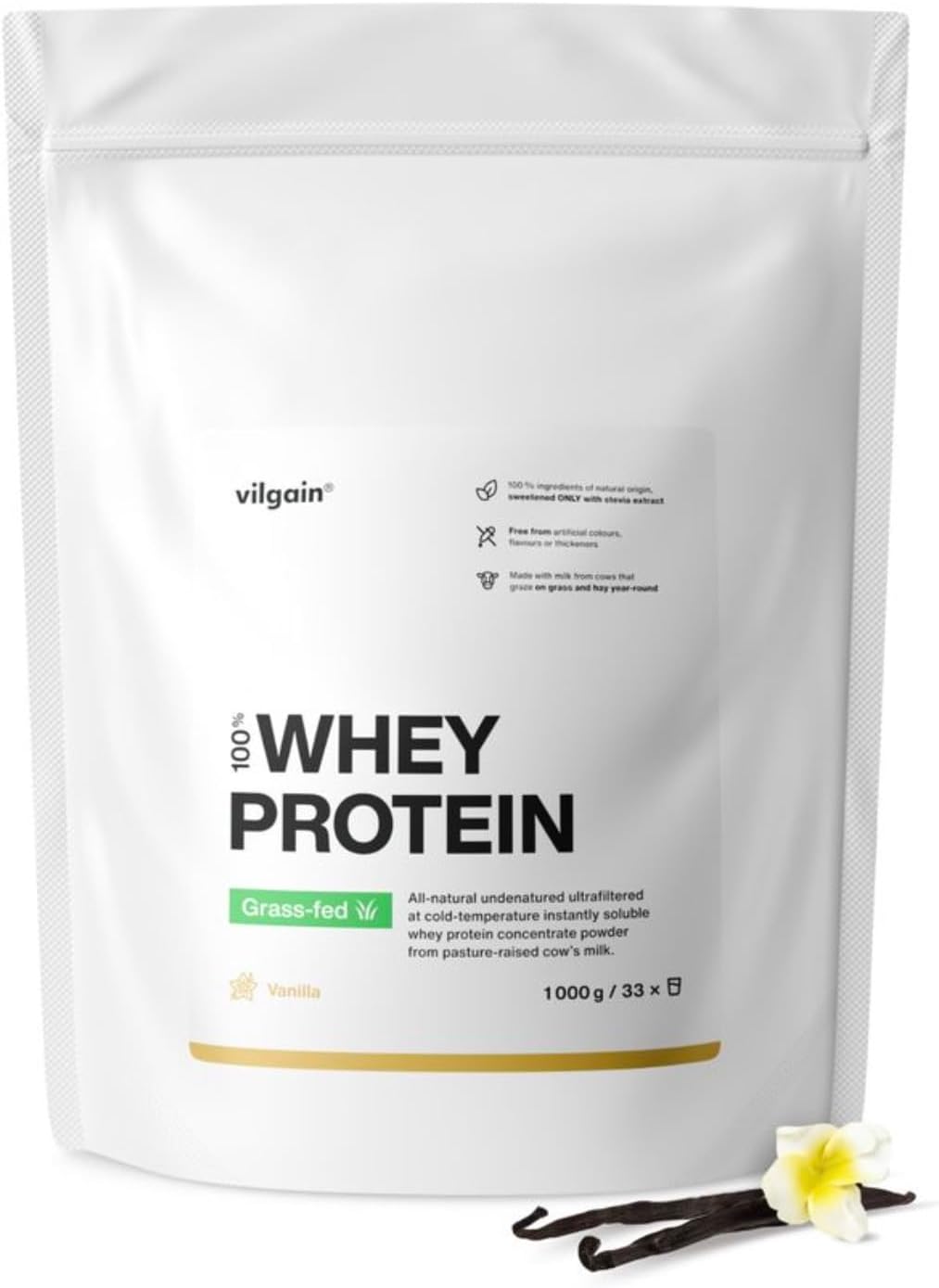Vilgain® Whey Protein Powder, Grass Fed | 100% Pure Whey Protein Powder | Fast Muscle Recovery and Building | Natural Taste | Premium Quality Powder (1000g, Vanilla)