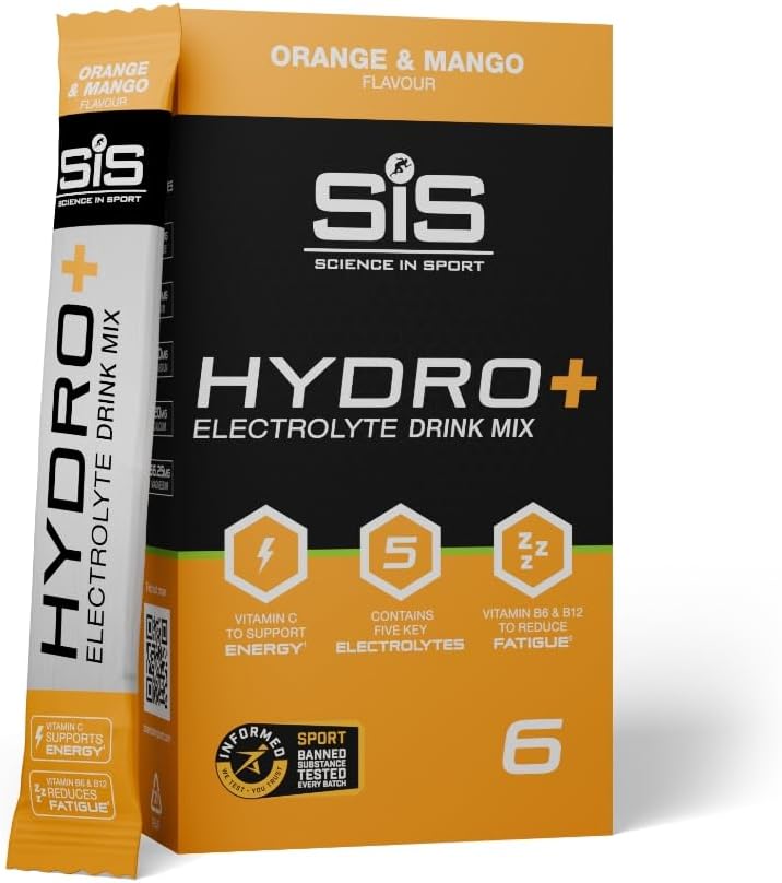 Science in Sport Hydro+ Electrolytes Powder Sachets with 5 Essential Electrolytes and Added Vitamins C, B6, and B12 for Hydration Drink | Orange Mango, Pack of 6 Sachets