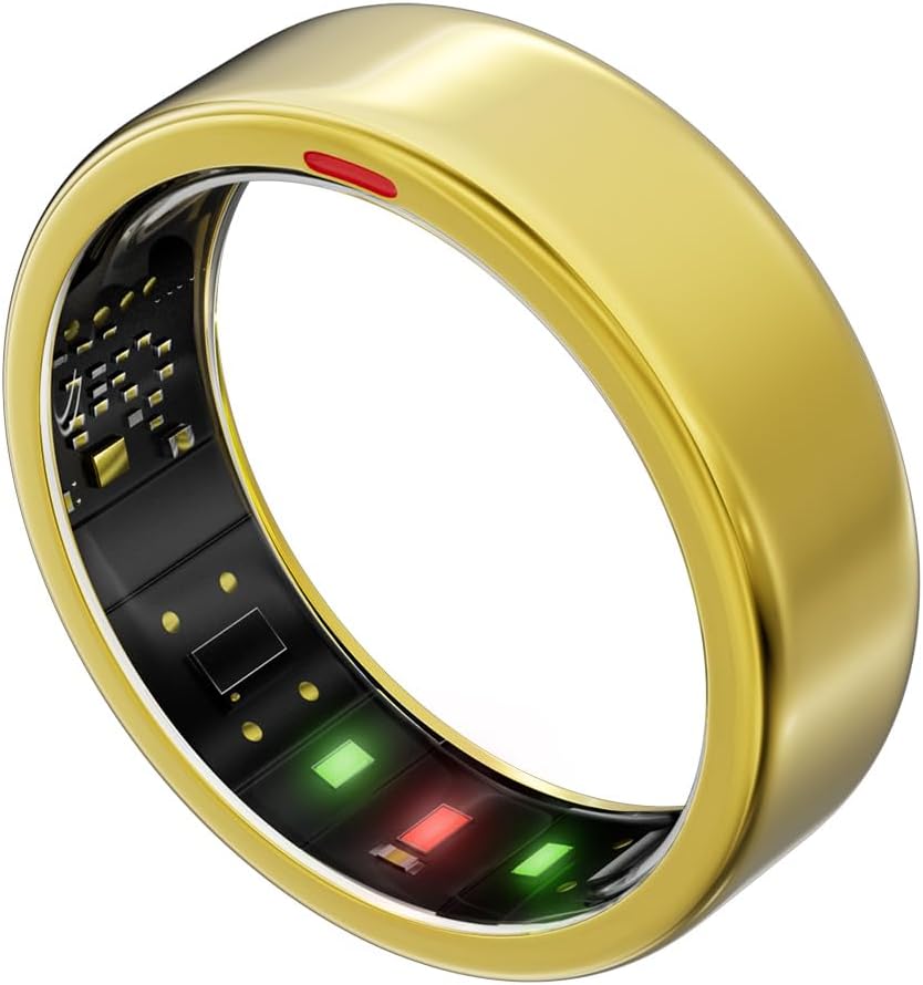 Smart Ring for Women Men- Sleep/Fitness/Stress/Heart Rate Tracker- Menstrual Records - 7 Days Battery Life - Wireless Charging - No APP Subscription - iOS & Android Compatible (Gold, Size 9)