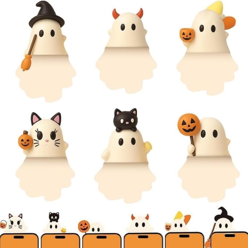 Constprog Ghostees Mystery Phone Buddy, Cute Halloween Phones Decorations, Mini Phone Figure Surprise Toy,Peel-and-Stick Design Figurine, Mystery box, Fun Desk Accessory, For All Phones