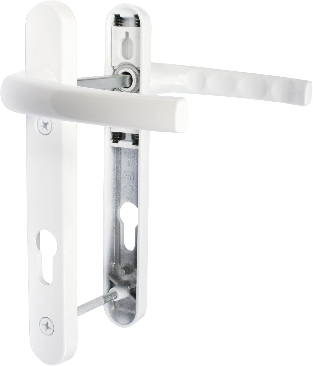 JCP uPVC Door Handle Pair, 122mm Screw Centres, 92 mm PZ Sprung Set, 220mm X 30mm Backplate, White