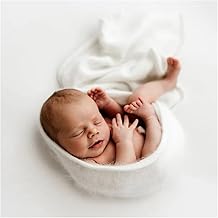 Honra 3Pcs Newborn Photography Mohair Backdrops Wraps Headbands Set Baby Beanbag Posing Props Stretch Jersey Knit Fabric Photoshoots (Backdrop with Wrap,White)