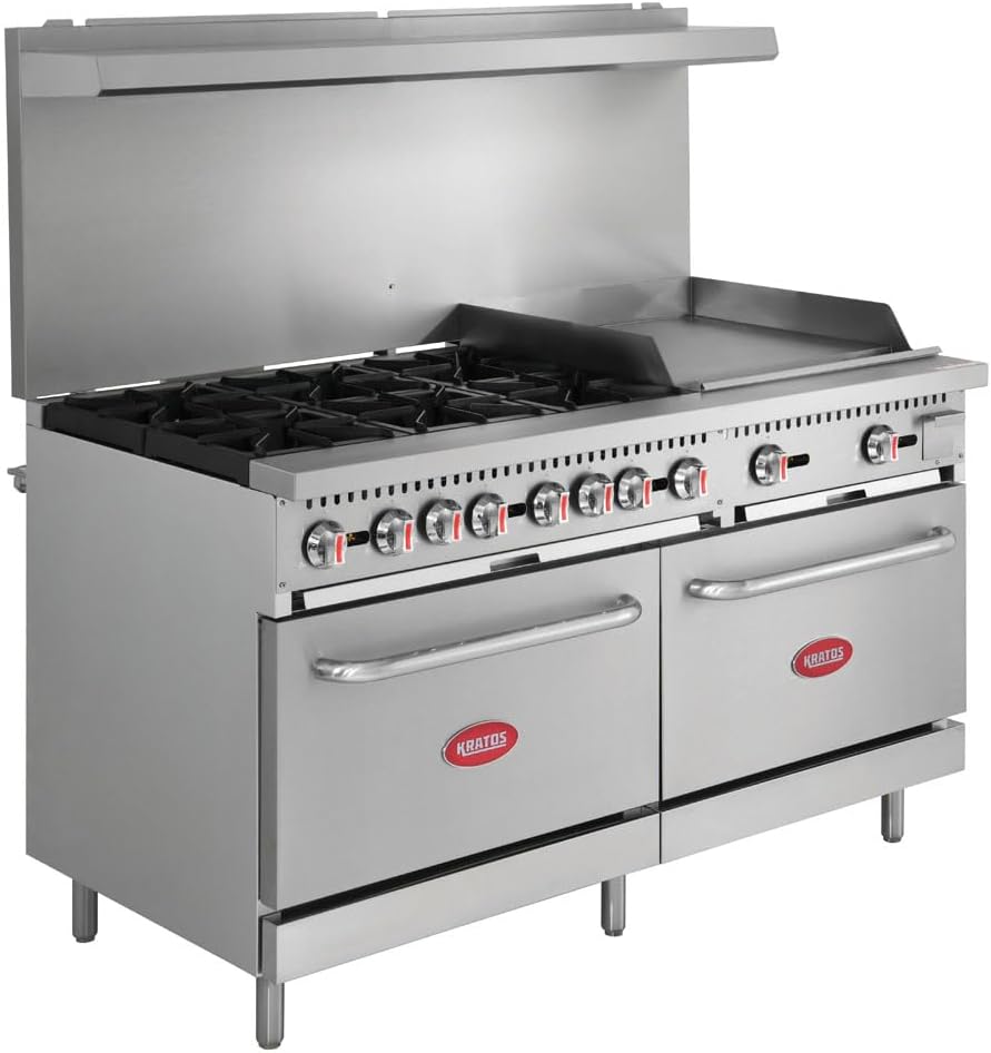 Kratos 60" Wide Commercial Gas Range with 6 Burners, 24" Wide Griddle, and Two Full Size Standard Ovens, Stainless Steel Range for Restaurants, 280,000 Total BTU Output, Natural Gas (29Y-046-NAT)