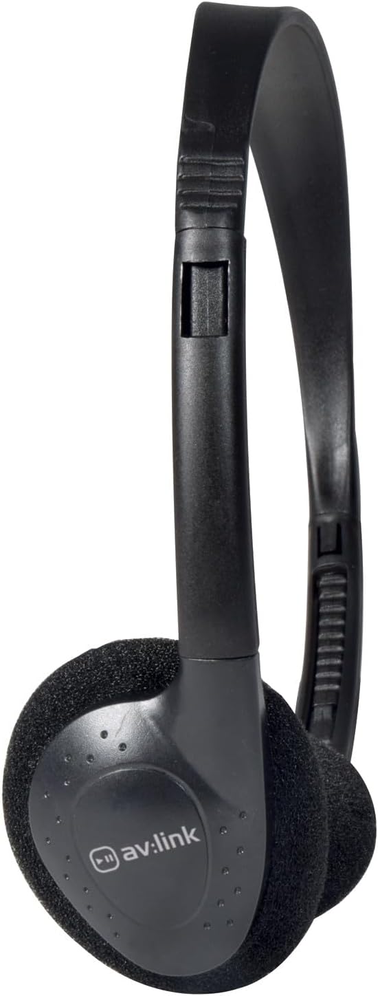 AV:Link Comfortable Stereo TV Headphones with Long Cable 5 Metre Cable and In-line Volume Control, Foldable Design, Right Angled 3.5mm Stereo Jack Connector & 6.3mm Jack Adaptor