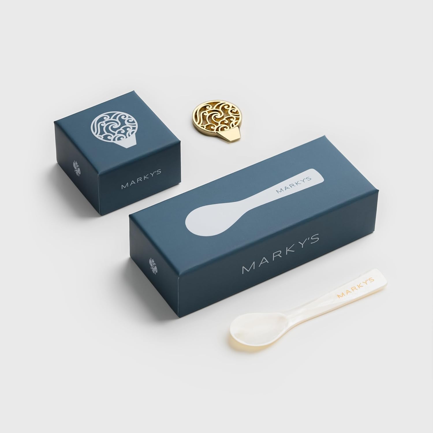 MARKY'S Mother of Pearl Hand-Carved Caviar Spoon + Gold Plated 16 Karat Tin Opener Kit