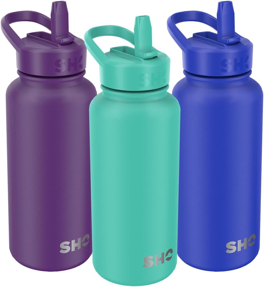 SHO Stainless Steel Guzzler Water Bottle with Straw Lid - Leakproof, Dishwasher Safe, BPA Free, No Sweat, Vacuum Insulated Double Walled Metal Flask, 950ml & 1900ml - 24 Hours Cold (Oasis, 950ml)