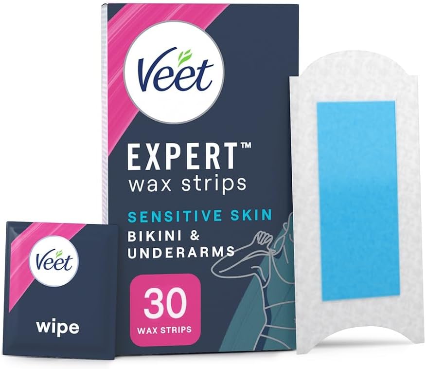 Veet Expert Bikini and Underarm Wax Strips, 30 Count with 3 Finish Wipes, Brazilian & Sensitive Hair Removal, Almond Oil, Dermatologically Tested, Nose Kit for Men