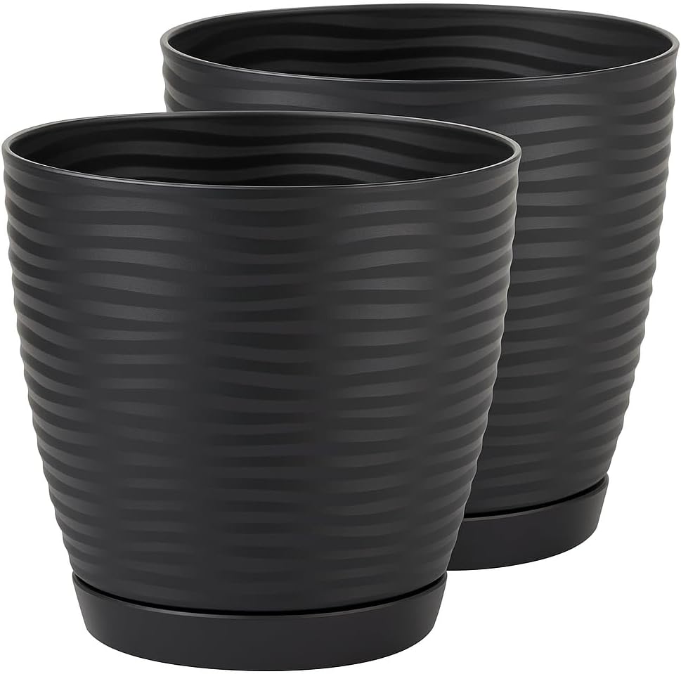 Home Garden Ornaments Plant Pots Indoor – Set of 2 Plastic Flower Pots with Saucer and Drainage Holes, Decorative 3D Wave Design (Black, 11cm / 4.3 inch)