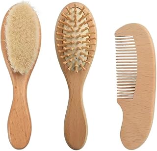 PandaEar Baby Hair Brush and Comb Set for Newborn| Natural Wooden Hairbrush with Soft Goat Bristles, Pear Wood Comb and Wooden Massage Brush for Infant, Toddler, Kids
