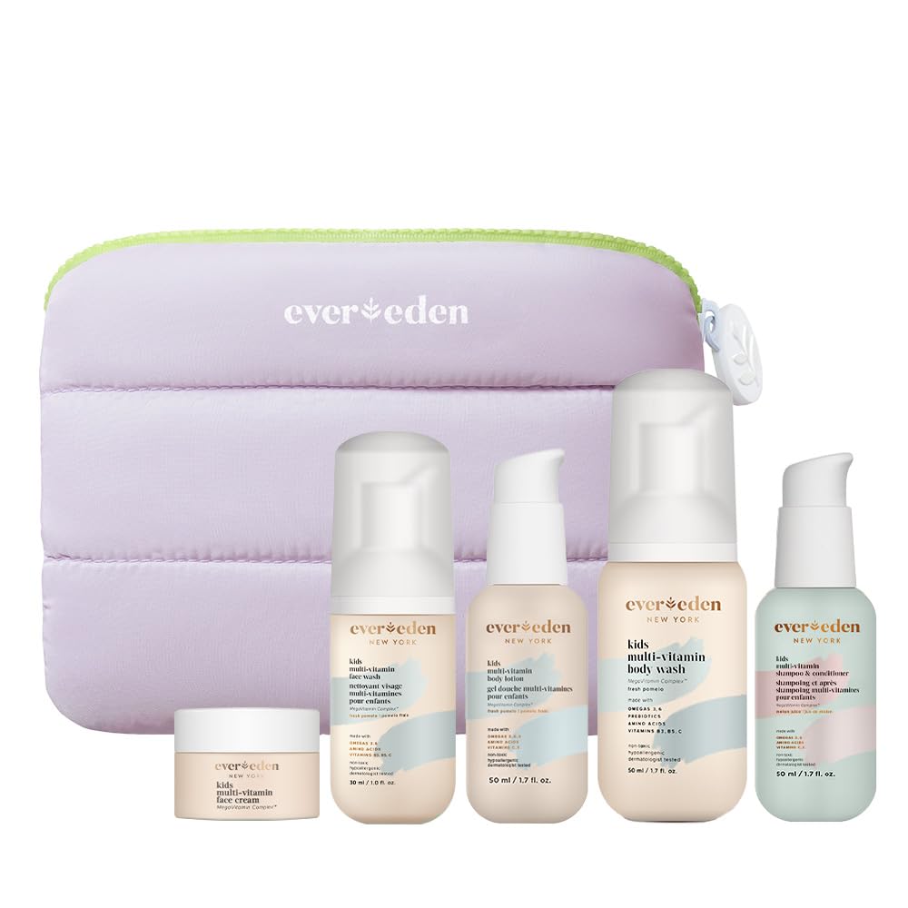 Evereden Kids Travel Essentials Set: Clean & Vegan 5-Piece Skin Care Travel Set for Kids | Body Wash, Lotion, Face Wash, Cream, 2-in-1 Shampoo & Conditioner | TSA-approved | Travel Size Toiletries