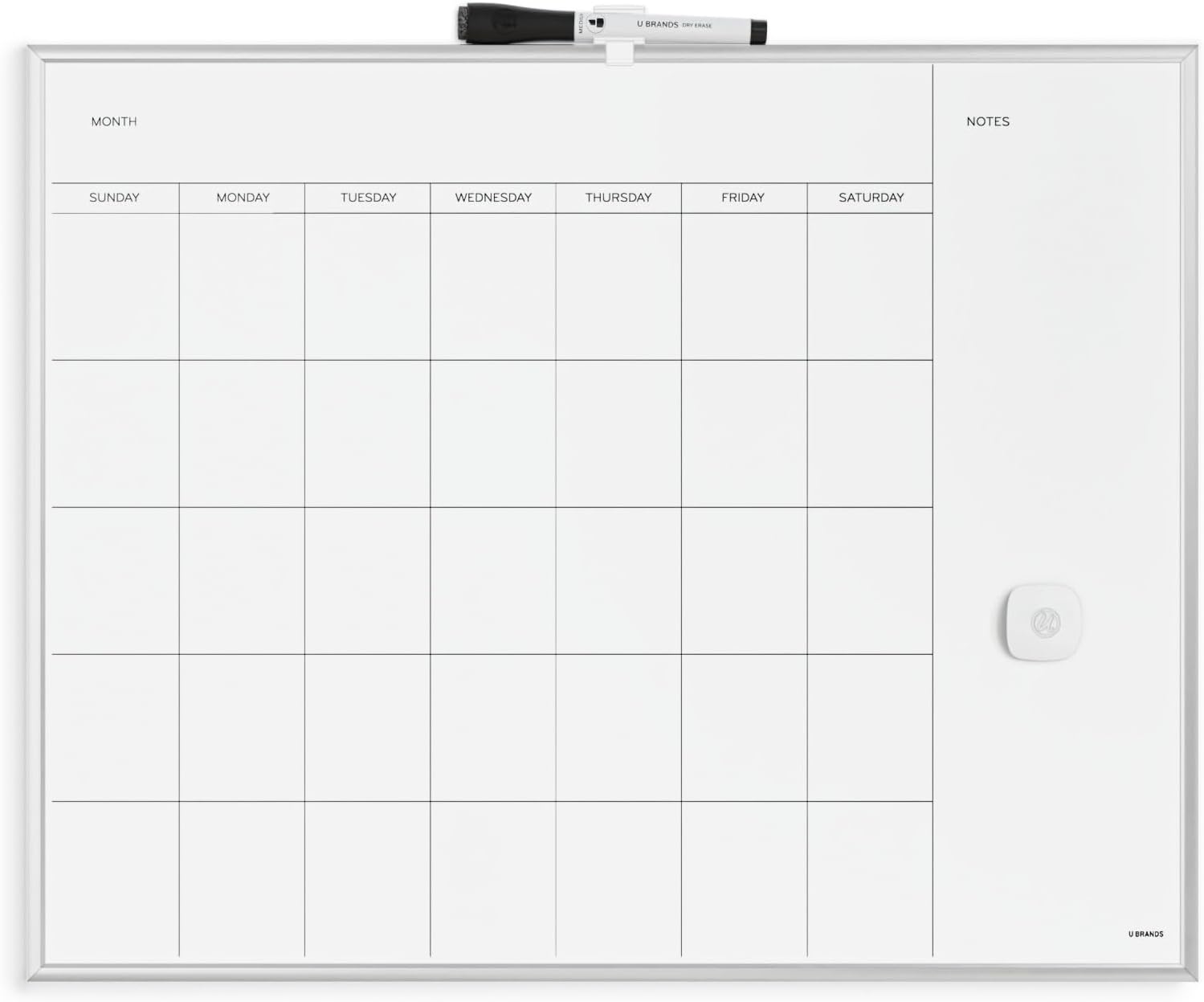 U Brands Magnetic Dry Erase Calendar Whiteboard for Wall, 23"x17", Dry Erase Board Calendar with Silver Aluminum Frame, Includes a Magnet and a Marker