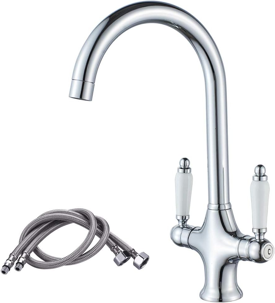 Kitchen Mixer Taps,NewEast Traditional Ceramic Dual Lever Chrome Kitchen Sink Tap with UK Standard Fittings