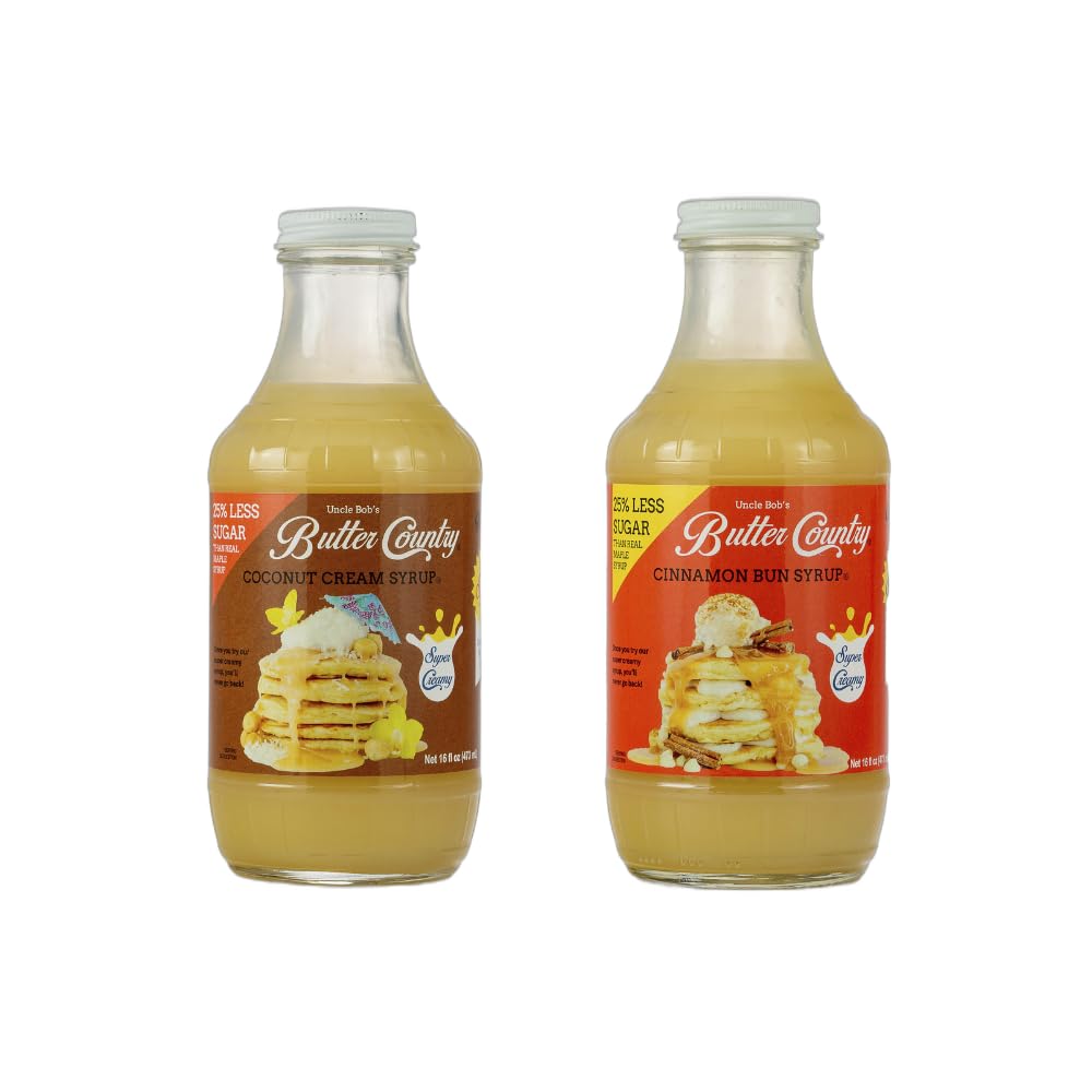 Butter Country Buttermilk Syrup, 2-flavor pack: Cinnamon Bun and Coconut Cream | 16 Oz each