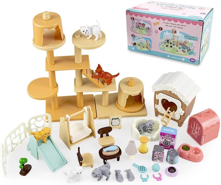 Grantop 53Pcs Pet Pretend Play Toys,Cat Figures Playset Toy w/ Cat Food Plate Slide Toys,Cat House Furniture Toys Doll Accessories Educational Toys Gift Kids Boys Girls 3 4 5 6 Years (MMLY-s97)