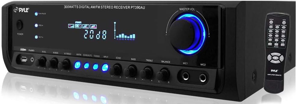 Home Audio Power Amplifier System - 300W 4 Channel Theater Power Stereo Sound Receiver Box Entertainment w/ USB, RCA, AUX, Mic w/ Echo, LED, Remote - For Speaker, iPhone, PA, Studio Use - Pyle PT390AU