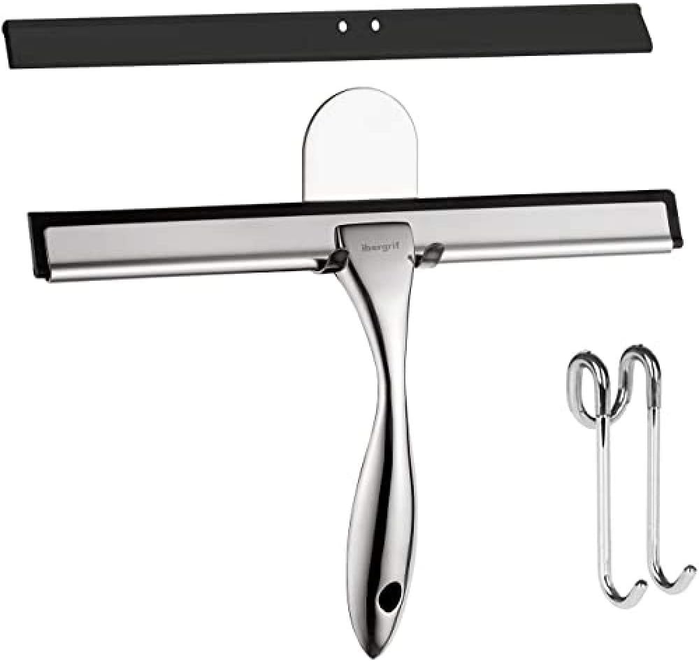 Ibergrif M34101 Shower Squeegees, Silicone Window Squeegee, Shower Cleaner for Window, Glass, Shower Door, Car Windshield, Include Shower Hooks, Stainless Steel