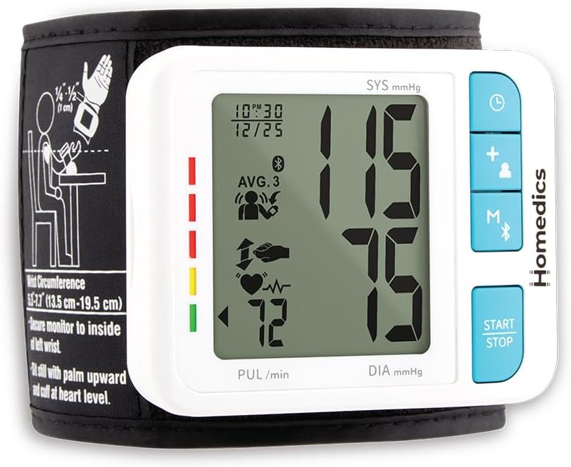 Homedics 700 Series Wrist Cuff Blood Pressure Monitor for Home Use, One-Touch Operation, Accurate Results, 2 Users, with Bluetooth Wireless Technology to The Homedics Health App (Smart)