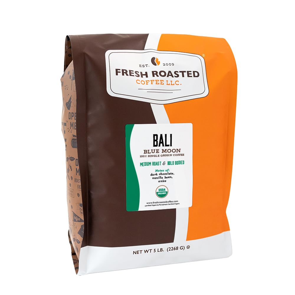 Fresh Roasted Coffee, Organic Bali Blue Moon Whole Bean Coffee, Medium Roast, USDA Organic, Kosher, 5 lb (80 oz)