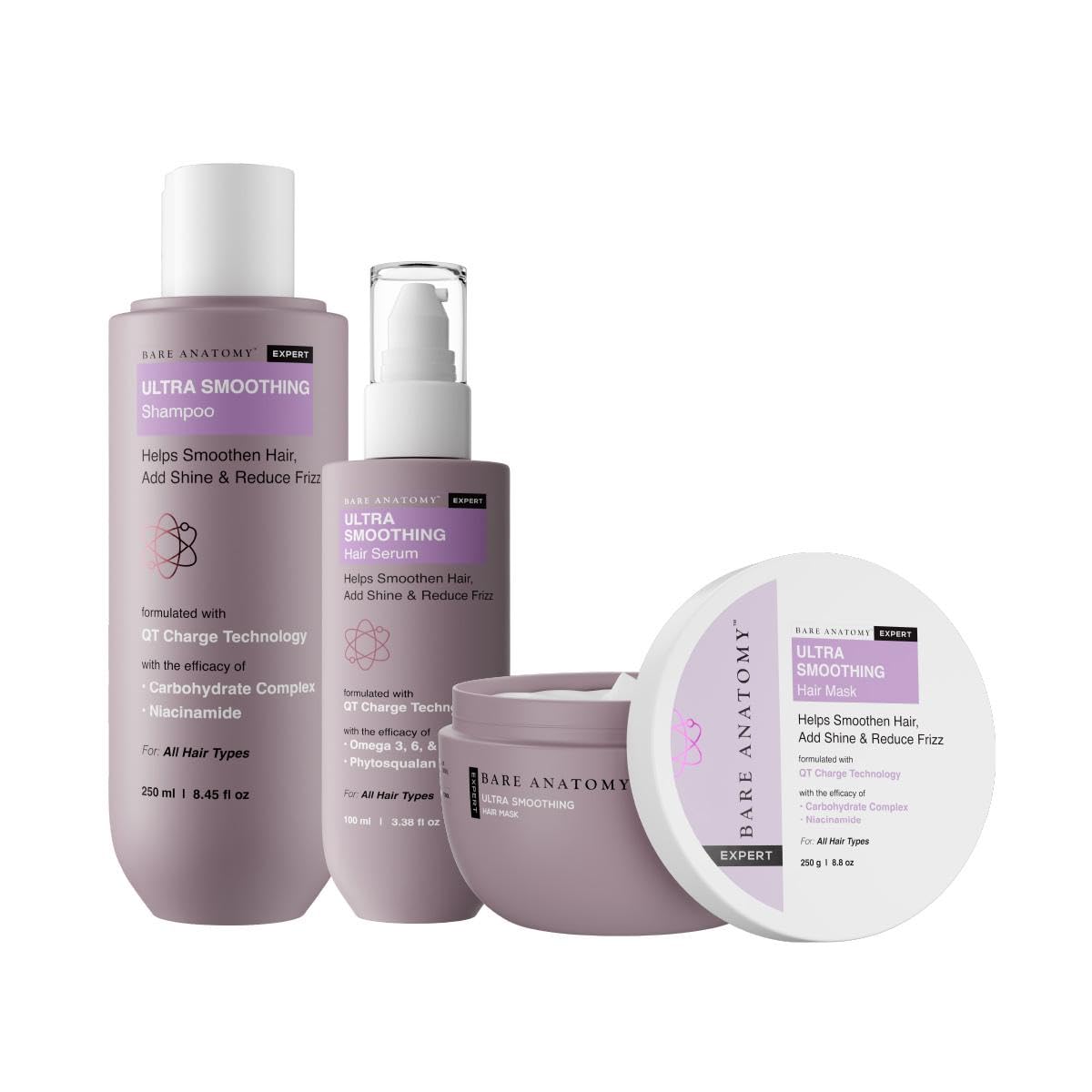 Bare Anatomy Ultra Smoothing Shampoo + Hair Mask + Serum Kit | Carbohydrate Complex & Niacinamide | Dry & Frizzy Hair | Paraben & Sulphate Free | Women & Men | 250ml + 250g + 100ml