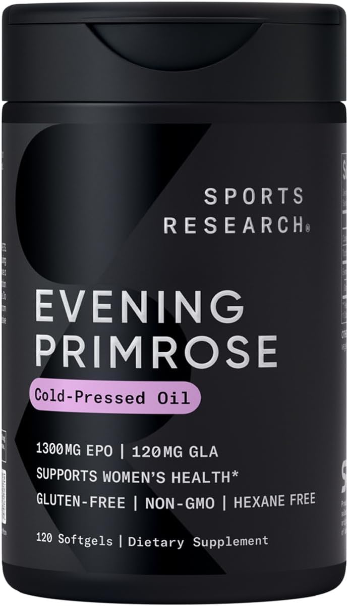 Sports Research Evening Primrose Oil (1300mg) Cold-Pressed with No fillers or Artificial Ingredients, Non-GMO Tested - Gluten and Soy Free (120 Liquid Softgels)