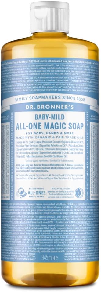 Dr Bronner's Baby Mild All-One Magic Soap, Made with Organic Oils, Used for Face, Hair, Babies, Laundry and Dishes, Certified fair Trade & Vegan Friendly, 945ml Recycled Bottle