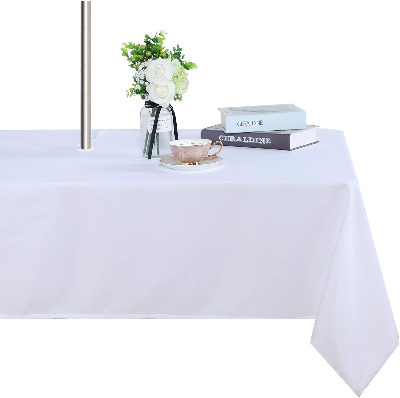 Fitable Table Cover Outdoor and Indoor Tablecloth - Washable Waterproof Wrinkle Free Table Cloth with Zipper and Umbrella Hole for Spring/Summer/Party/Picnic/BBQS/Patio White 60x102 inch