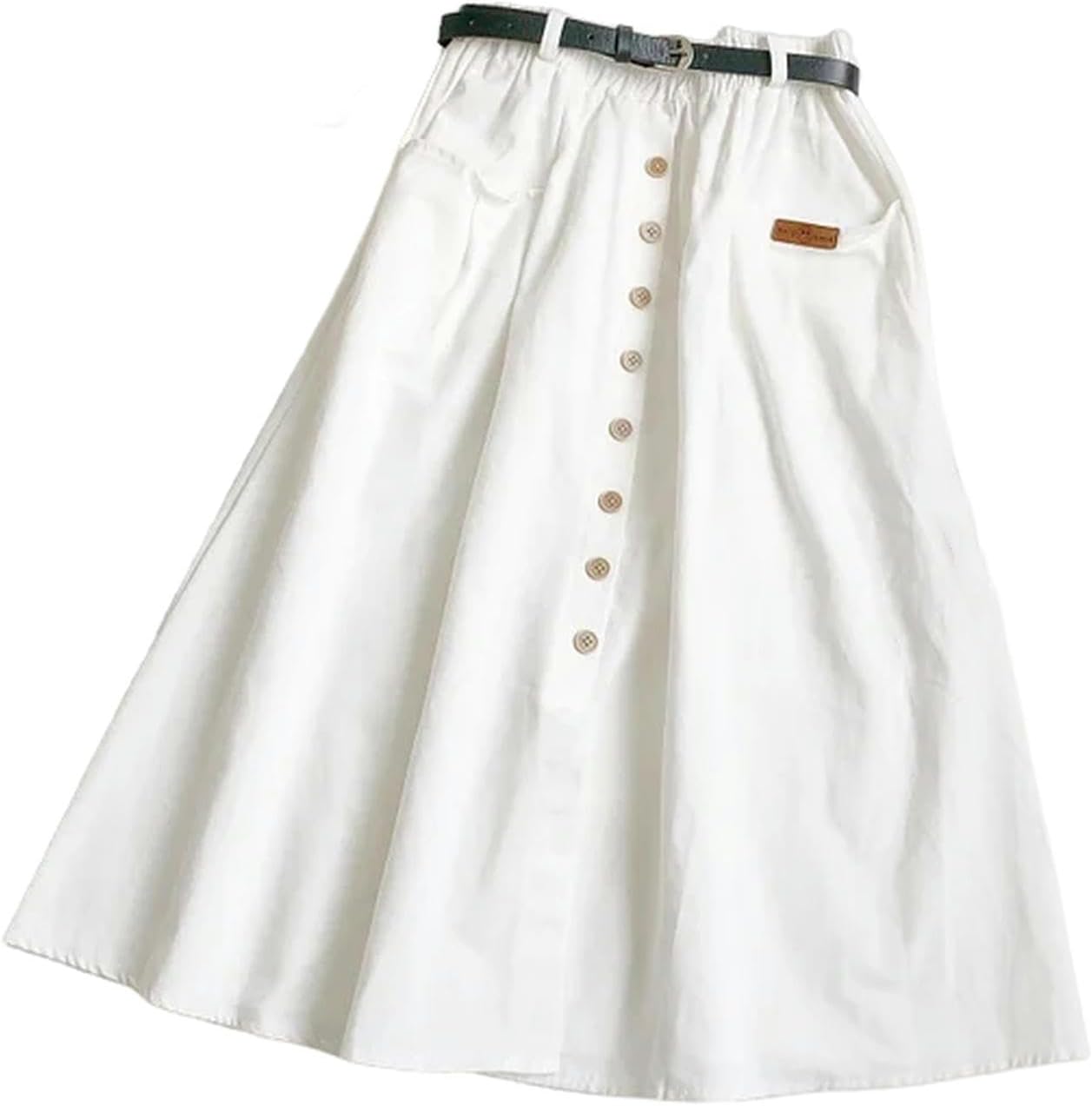 Gyios skirt Casual Cotton Midi Long Skirt Women Button Pocket Belt A Line High Waist Mid-length Skirt Female Elastic Women Skirts