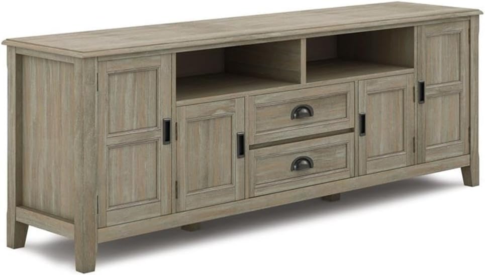 SIMPLIHOME Burlington SOLID WOOD Universal TV Media Stand, 72 inch Wide, Transitional, Living Room Entertainment Center with Storage, for Flat Screen TVs up to 80 inches in Distressed Grey