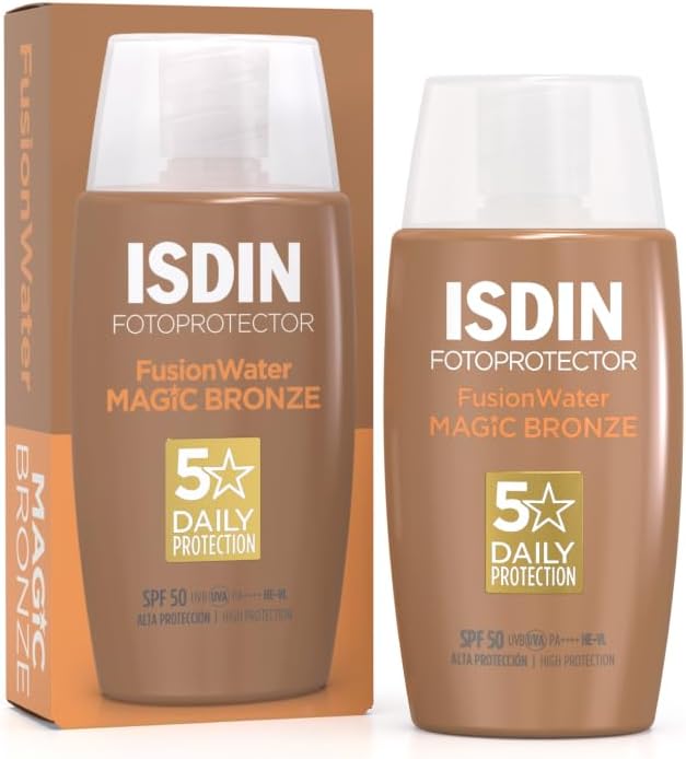 ISDIN Fusion Water Color SPF 50 (Bronze) 50ml, Tinted daily facial sun cream, Ultra-light texture