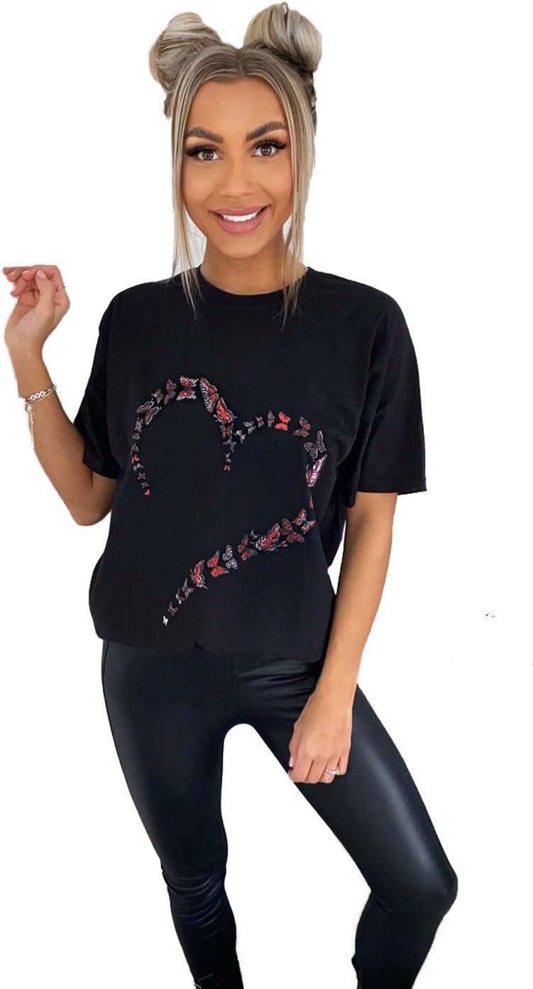 Women Ladies Oversized Butterfly Love Heart Print Short Sleeve T-Shirt Top Cotton Tee for Casual Wear Plus Size 8-22