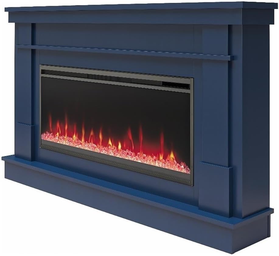 Novogratz Waverly 64 Inch Electric Fireplace with Mantel, Replaceable Fireplace Insert Heater, Remote Control, Timer, Color Changing Crystal Ember Flames, for Living Room or Bedroom, Navy
