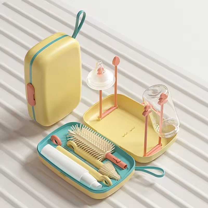 Simple. Easy .Quick. SEQ Brush Set - Baby Bottle Cleaner Kit with Silicone Brush, Nipple Brush, Straw Brush, Soap Dispenser, Drying Rack - 7 in 1 Bottle Cleaning Tool Home and Travel (Yellow)