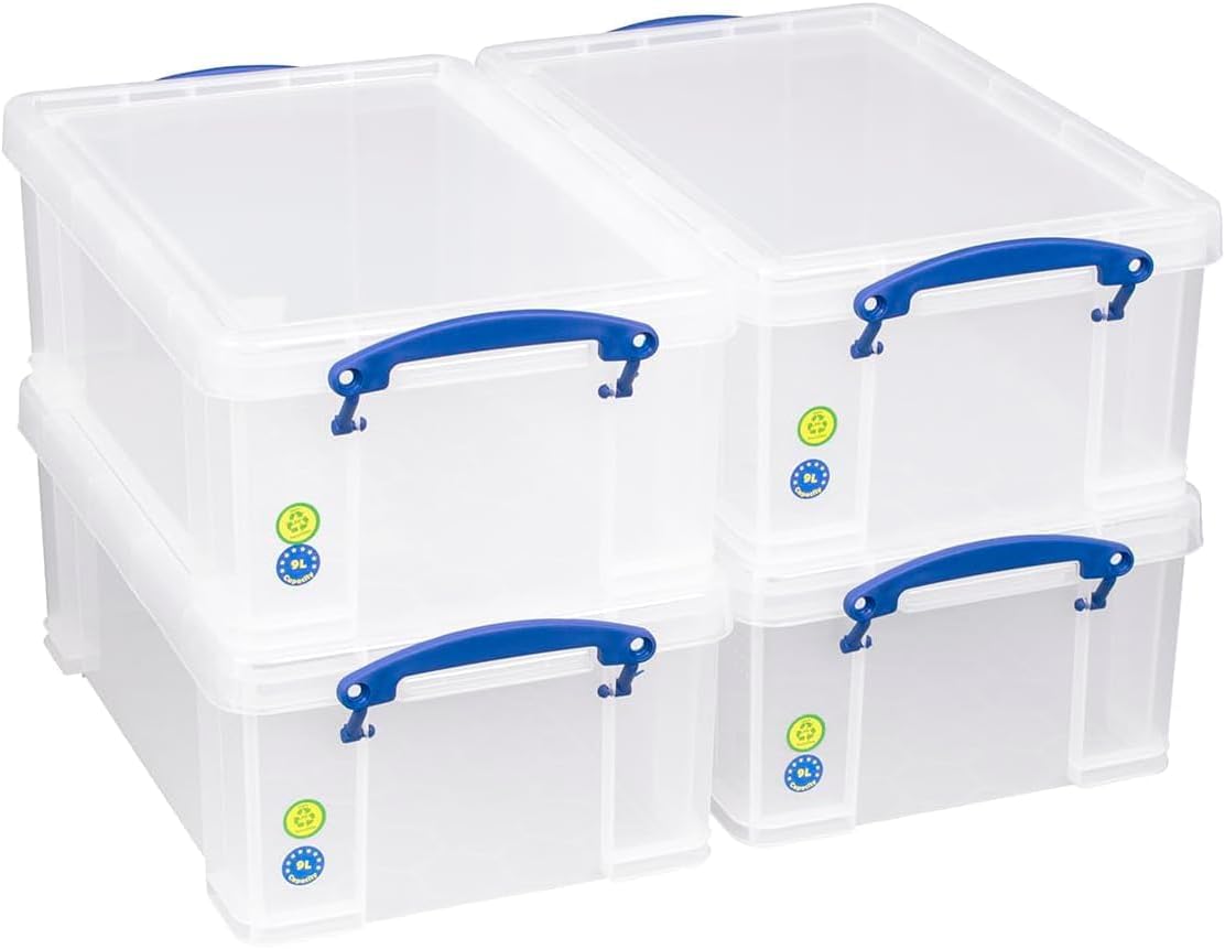 Really Useful Plastic 9 Litre Box, Clear, MEGA-Deal, Pack of 4 Boxes