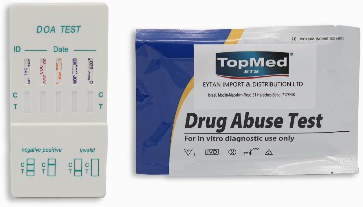 TOPMED Drugs in Urine Test kit - Marijuana/Hashish (THC), COC, MOP, MDMA, BZO Test, Urine Dip Drug Testing (5 Count (Pack of 5))