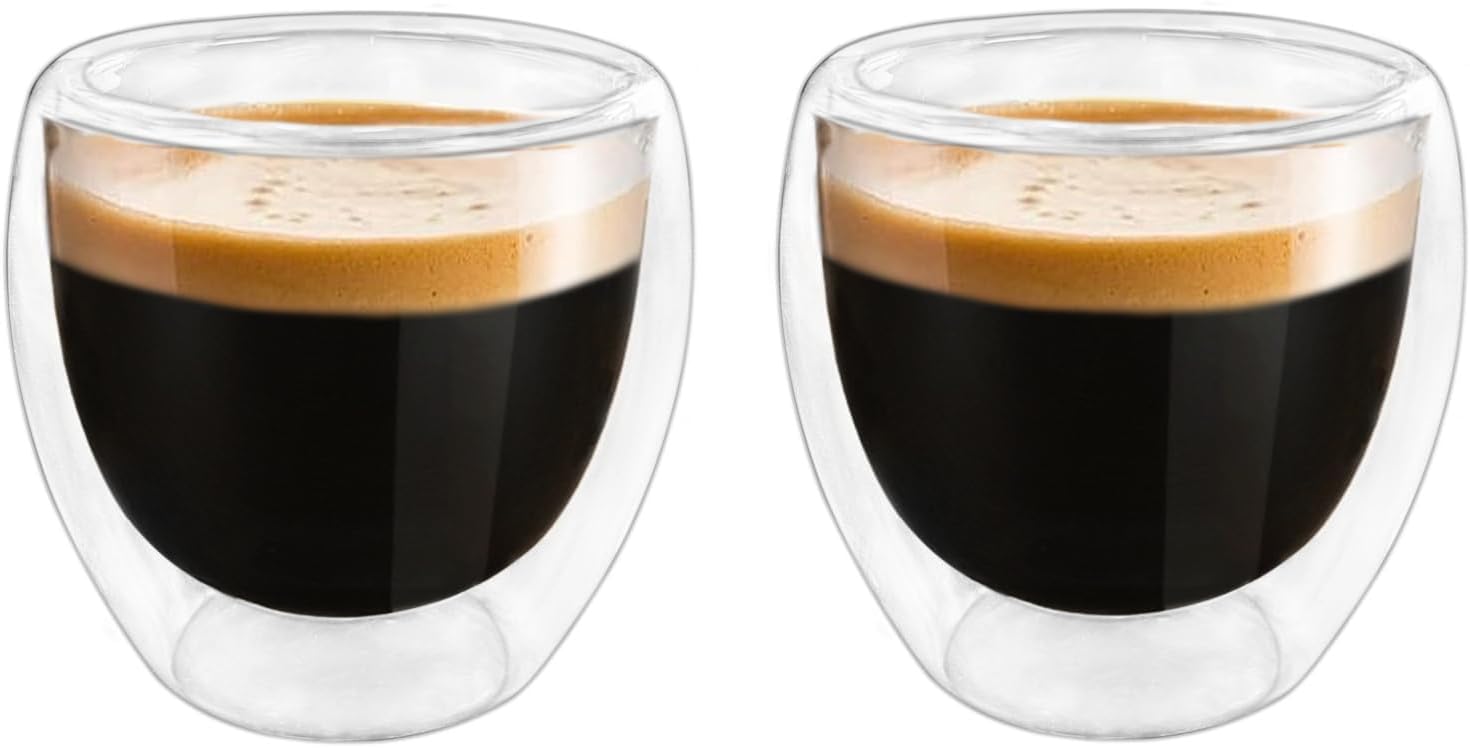 Double Wall Expresso Cups (Set of 2), 3 Ounce Glass Espresso Mugs - Clear, Double Walled, Insulated, Small Demitasse Cups for Espresso Machine - Microwave Safe