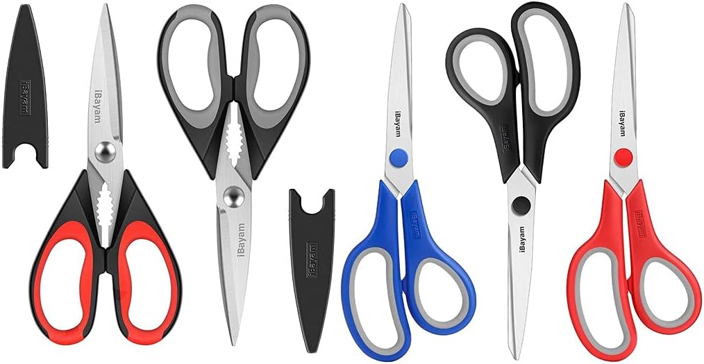 iBayam 2-Pack Kitchen Scissors black red, black grey & 8" Multipurpose Scissors Bulk 3-Pack, Black, Red, Blue Bulk