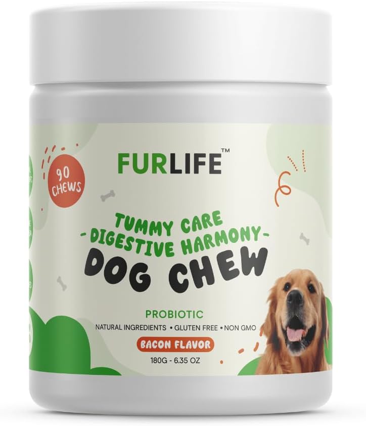 FurLife - Probiotics for Dogs - Digestive Enzymes for Gut Flora, Digestive Health, Diarrhea & Bowel Support - Supplement Soft Chew for Pet Immune System - Bacon - 90 Chews