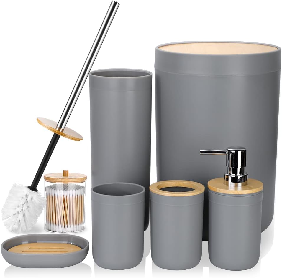 JOTOM 7 Pieces Bamboo Bathroom Accessories Bathroom Accessory Set Luxury Modern Plastic Bath Set Toothbrush Holder Tumbler Qtip Holder Toilet Brush Set Soap Dish Trash Can Soap Dispenser Gift (Grey)