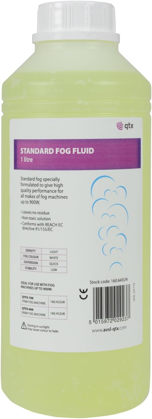 QTX Fog Juice 1 Litre Smoke Machine Liquid Fluid for Fogger FX Non-Toxic, Quick Dispersion, No Residue Safe for Humans & Pets Low Lying Haze Effect Ideal for Parties, Halloween & DJ Booths