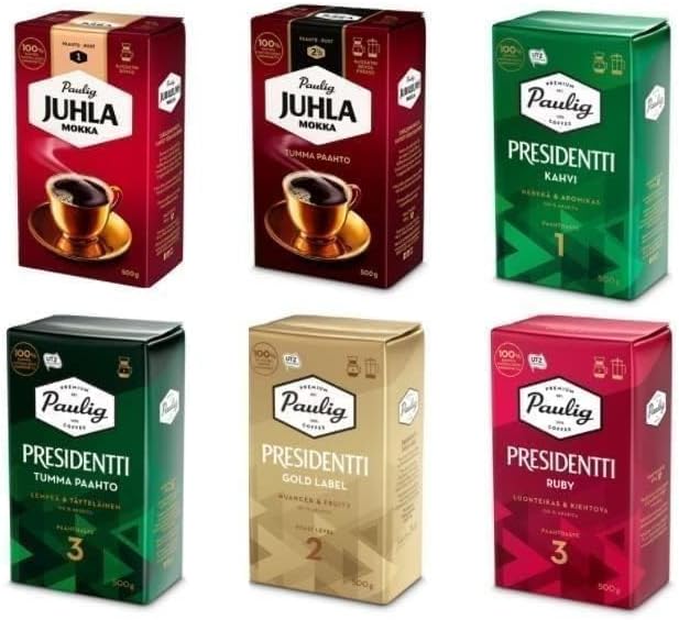 Paulig Coffee 4 packs 2kg 70oz Many kind set Fine Grind - Premium Filter Blend Ground - Bag Finnish Coffee - SOPOSOPO Box - Juhla Mokka